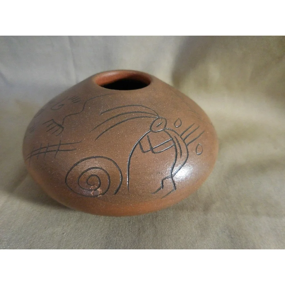 Southwest Red Clay Pottery Seed Pot Kokopelli Sgraffito Etched Art Blackhorse